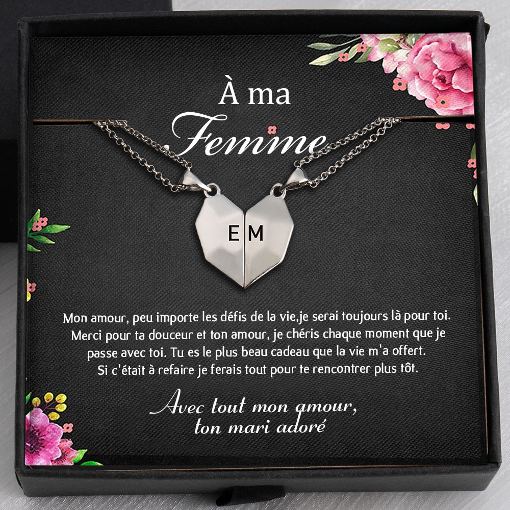 À ma Femme 2 Pièces Collier Prénom Magnétique Interattraction en Forme de Coeur Personnalisé Saint Valentin