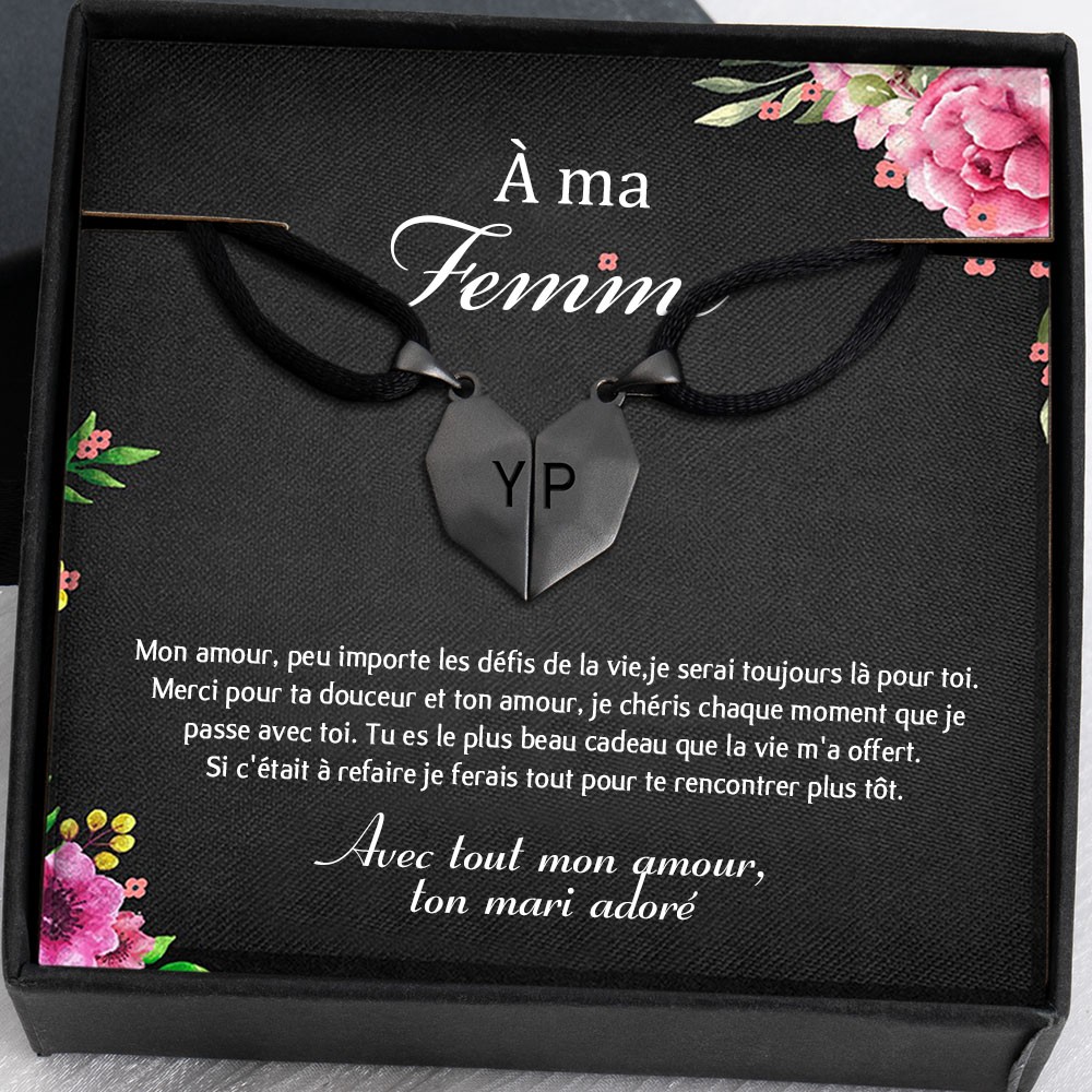 À ma Femme Collier Prénom en Forme de Coeur Interattraction Magnétique Personnalisé 2 Pièces Saint Valentin