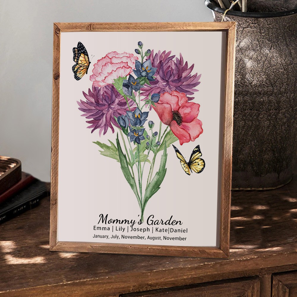 Bouquet de fleurs de naissance personnalisé pour maman, jardin, famille, signe en bois, Art avec nom d'enfant, pour noël, fête des mères