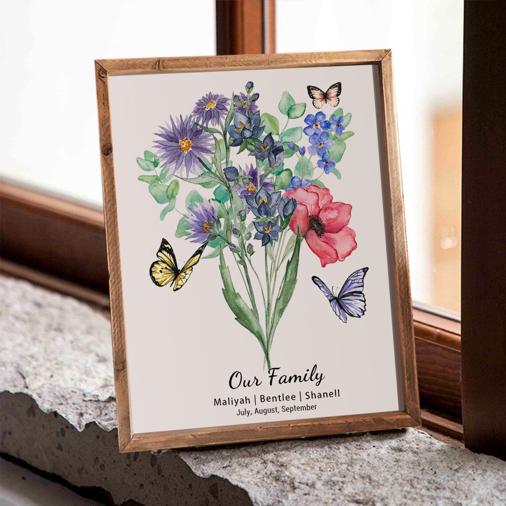 Bouquet de famille de fleurs de naissance personnalisé, signe en bois avec noms, idées cadeaux pour noël, fête des mères