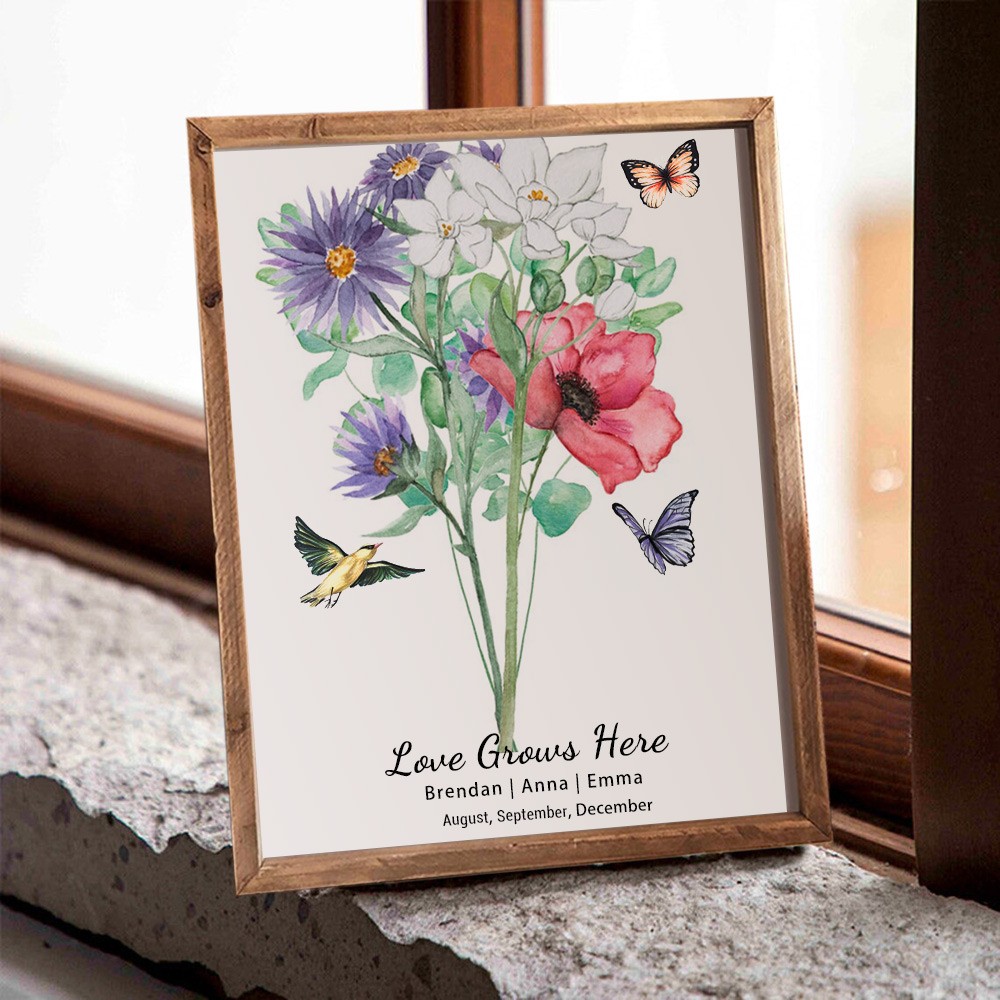 Bouquet de famille de fleurs de naissance personnalisé, signe en bois avec noms, idées cadeaux pour noël, fête des mères