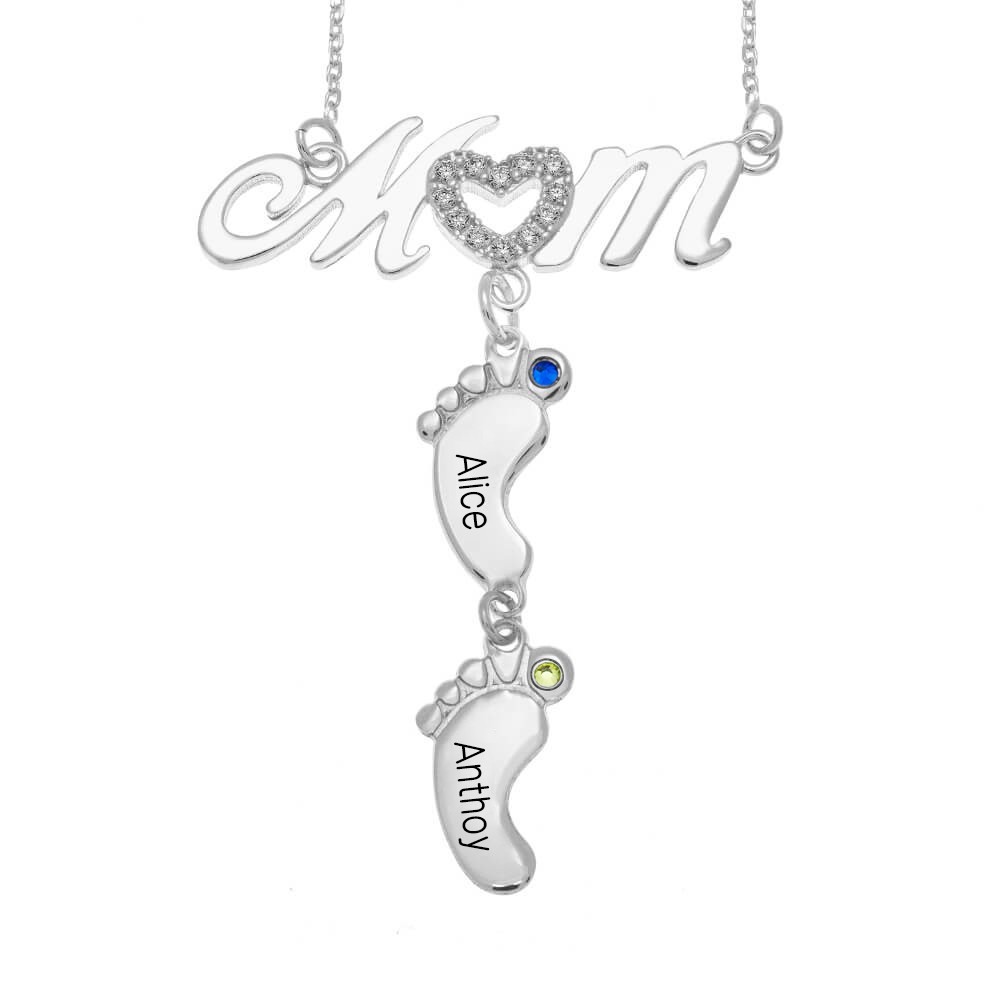 Collier de nom de maman BabyFeet personnalisé en argent avec pierres de naissance 1-10 pendentifs à breloques