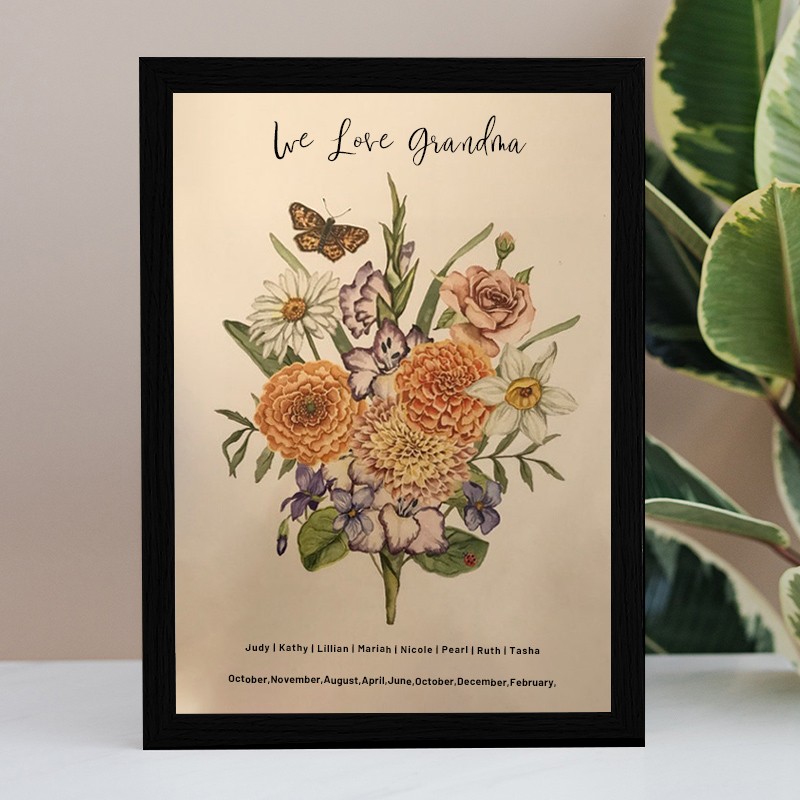 Bouquet de famille de fleurs de naissance personnalisé, signe en bois, art avec nom d'enfant, idées cadeaux pour le jour de noël