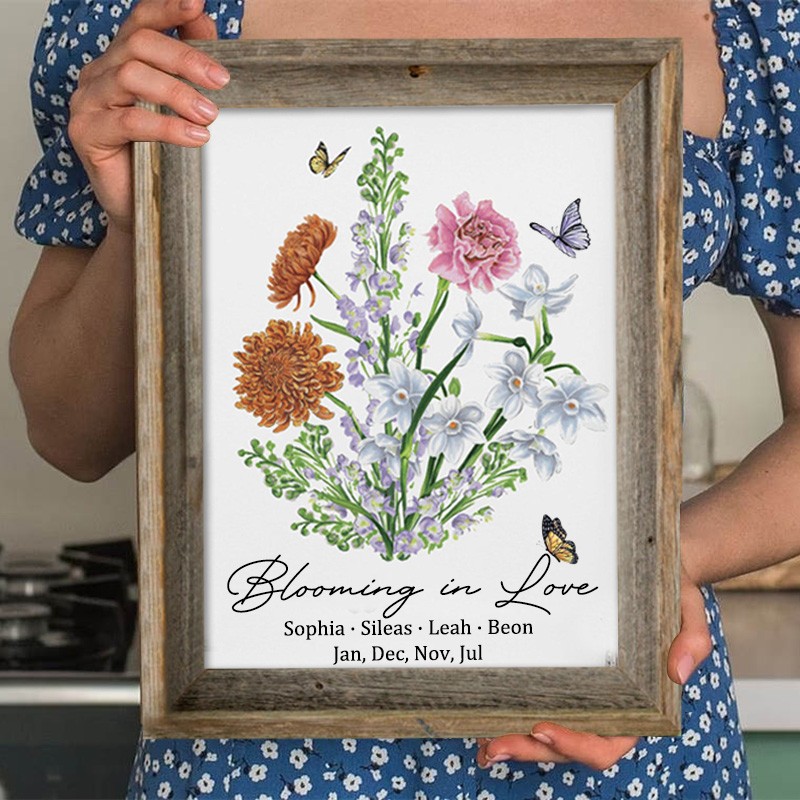 Panneau en bois personnalisé de bouquet de famille de fleurs de naissance avec des noms d’enfants