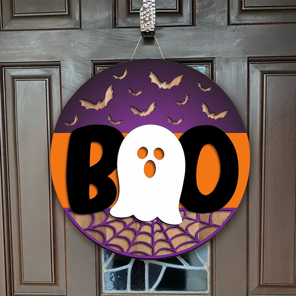 Accroche-porte en bois Halloween Boo décor de ferme panneau mural d'entrée