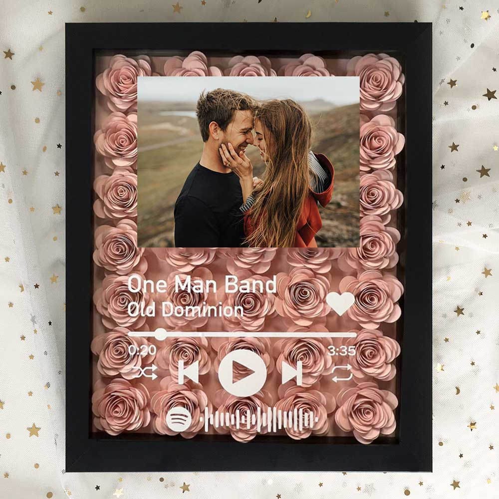 Boîte à ombres à fleurs Spotify personnalisée avec photo de couple pour anniversaire de mariage Saint-Valentin