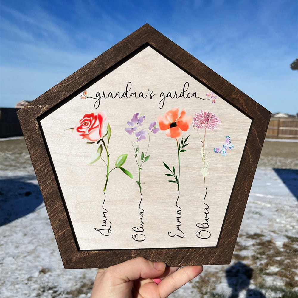 Panneau personnalisé avec cadre de jardin de grand-mère, avec noms de petits-enfants et fleur de naissance, cadeau unique pour la fête des mères