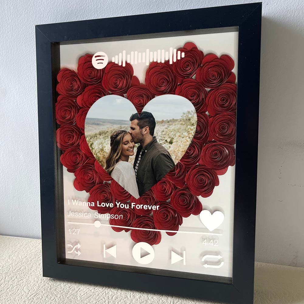 Boîte à ombres à fleurs Spotify personnalisée avec photo de couple pour anniversaire de mariage Saint-Valentin