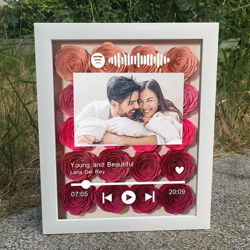 Boîte à ombres à fleurs Spotify personnalisée avec photo de couple pour anniversaire de mariage Saint-Valentin