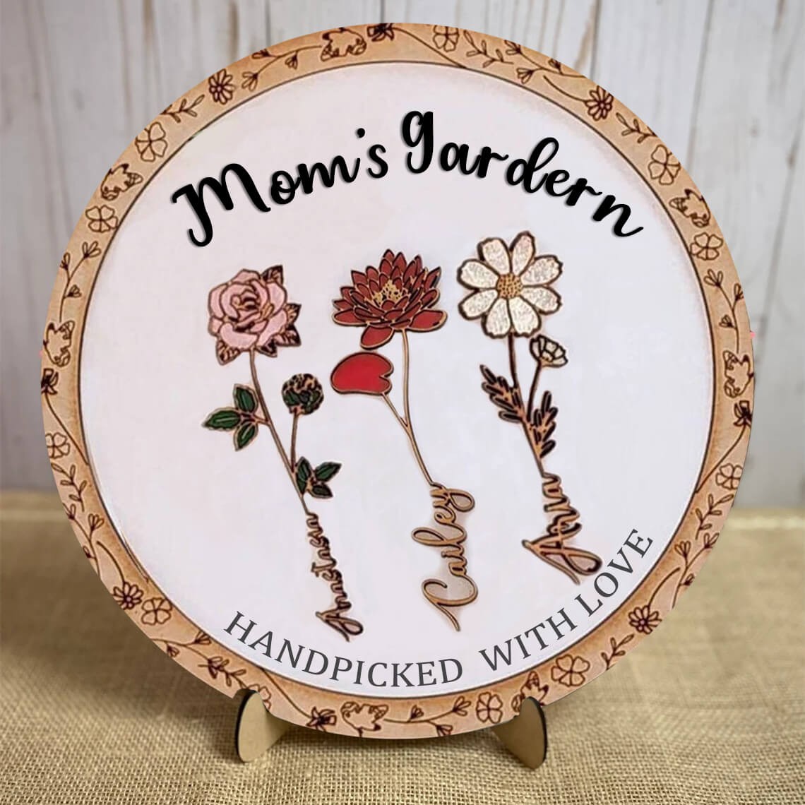 Panneau en bois de fleur de naissance de jardin de maman personnalisé avec des noms d'enfants pour la fête des mères et noël