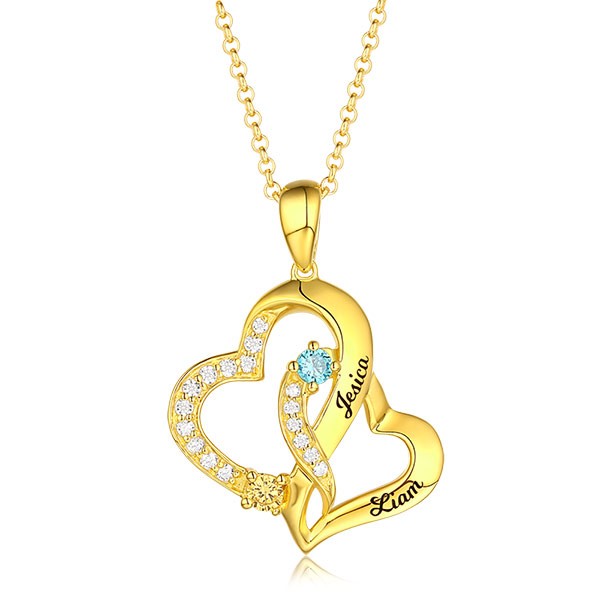 Collier double coeur personnalisé avec 2 noms et pierres de naissance