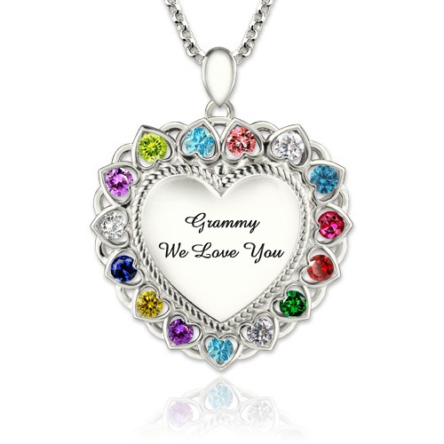 Collier de coeur d’argent de sterling avec 1-15 pierres de naissance pour grand-mère