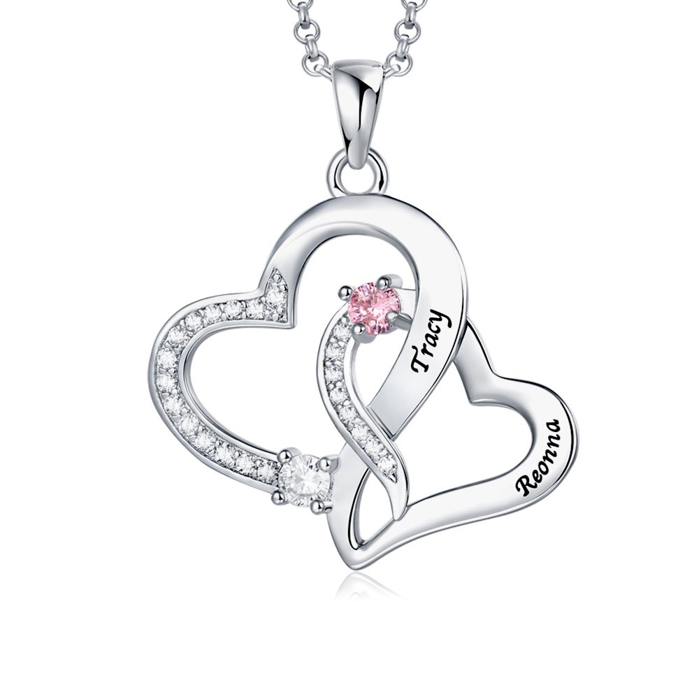 Collier double coeur personnalisé avec 2 noms et pierres de naissance