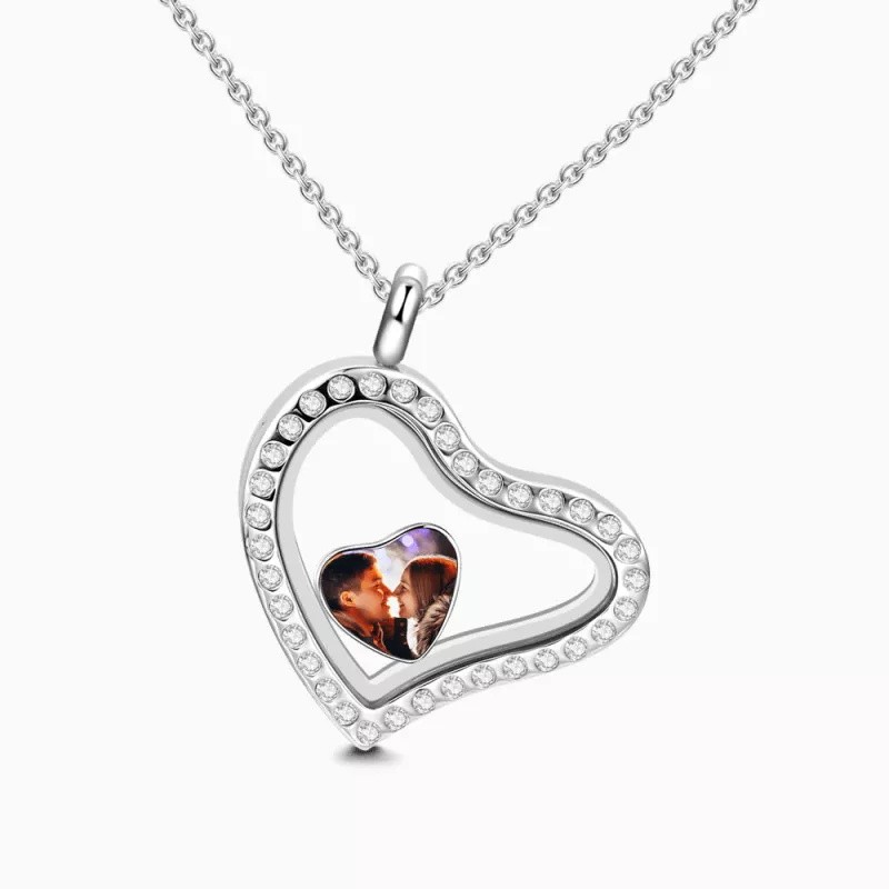 Collier médaillon flottant en cristal avec breloque photo coeur