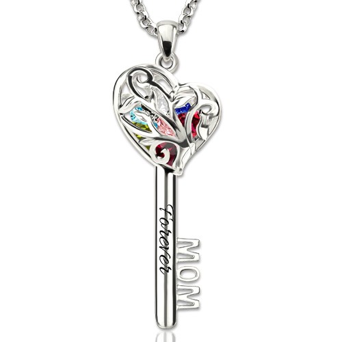 Collier de clé de cage de coeur de maman personnalisé avec 1-8 pierres de naissance