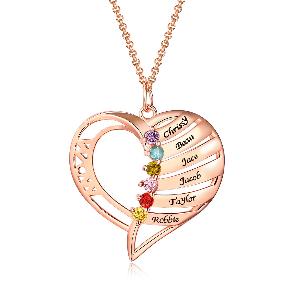 Collier Prénom Coeur avec 1-6 Pierres de Naissance