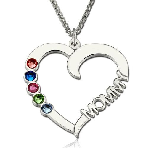 Collier coeur personnalisé de 1 à 5 pierres de naissance avec nom