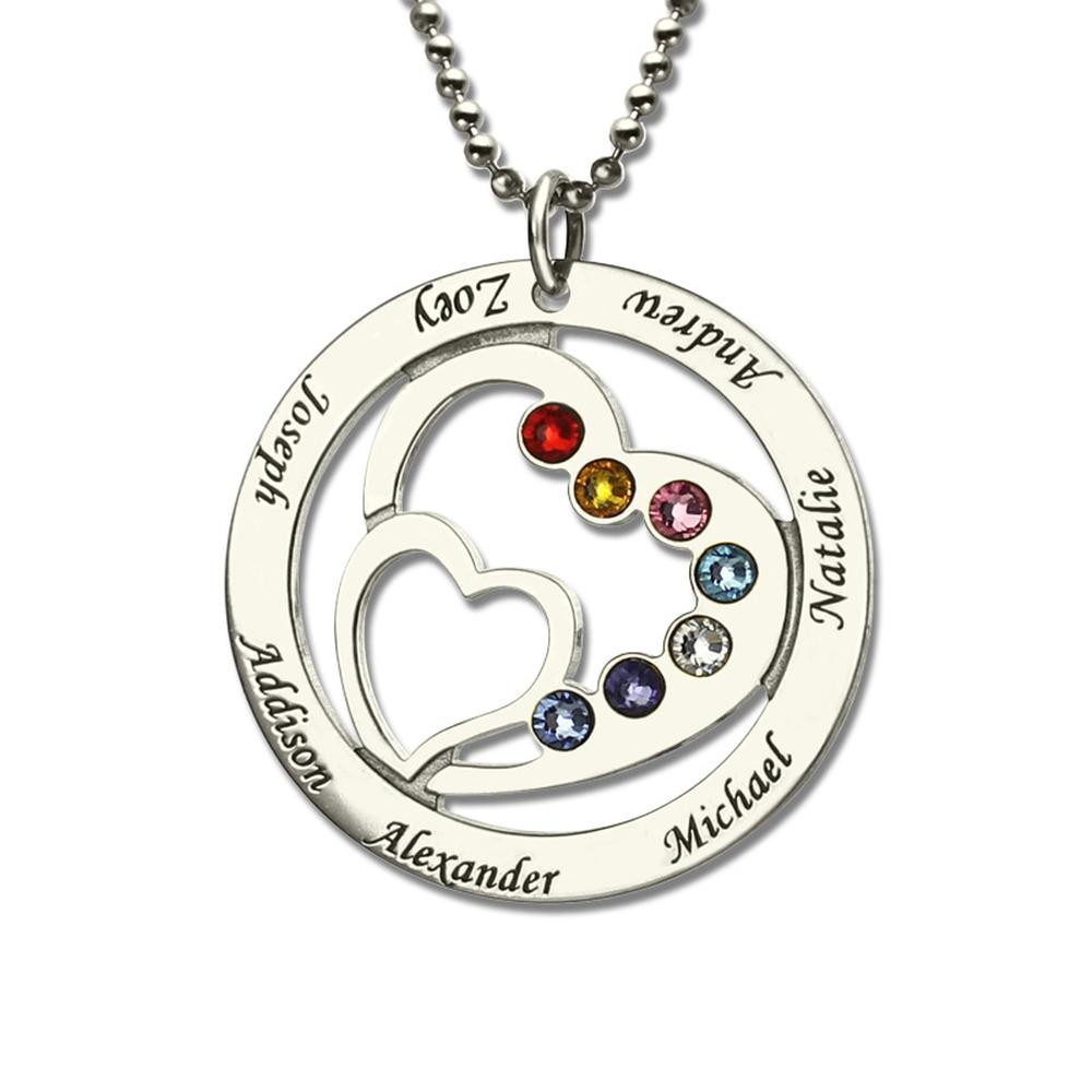Collier double coeur personnalisé avec 1 à 7 pierres de naissance et nom