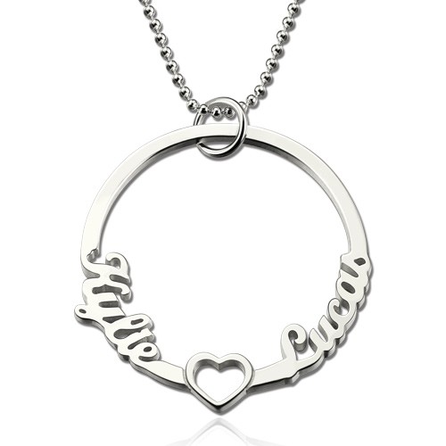 Collier personnalisé noms d'amants de cercle avec coeur en argent sterling