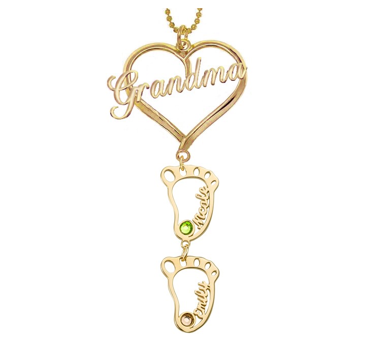 Collier personnalisé de nom de pierres de naissance de pendentif de coeur de grand-mère avec 1-10 breloques creuses de BabyFeet