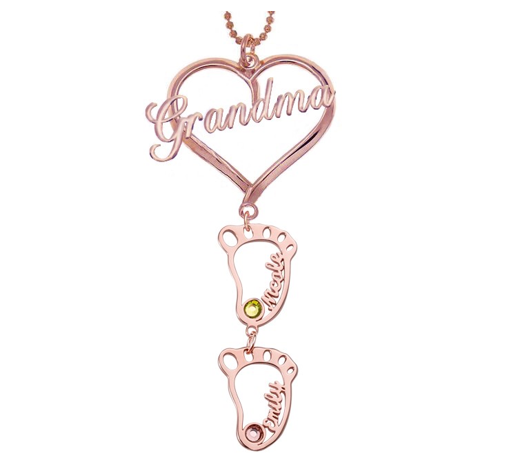 Pendentif coeur de grand-mère personnalisé plaqué or rose 18 carats 1-10 collier de nom de pierre de naissance avec breloque BabyFeet creux