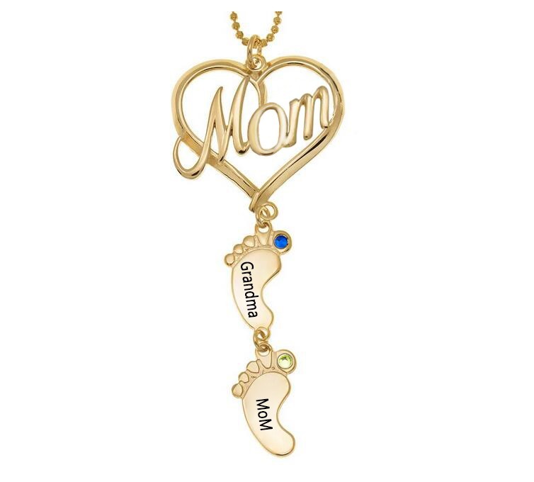 Collier de nom de pierre de naissance avec pendentif de pied de bébé coeur maman personnalisé avec 1-10 breloques