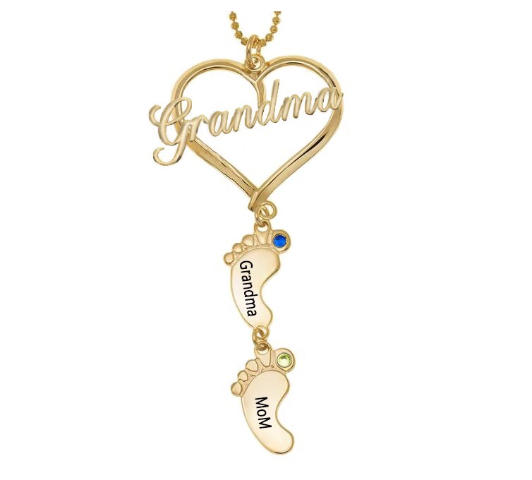  Collier de nom de pierre de naissance avec pendentif pieds de bébé coeur grand-mère personnalisé avec 1-10 breloques