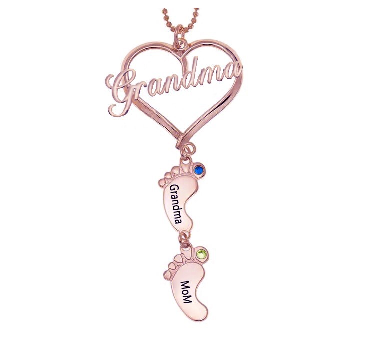  Collier de nom de pierre de naissance avec pendentif pieds de bébé coeur grand-mère personnalisé avec 1-10 breloques