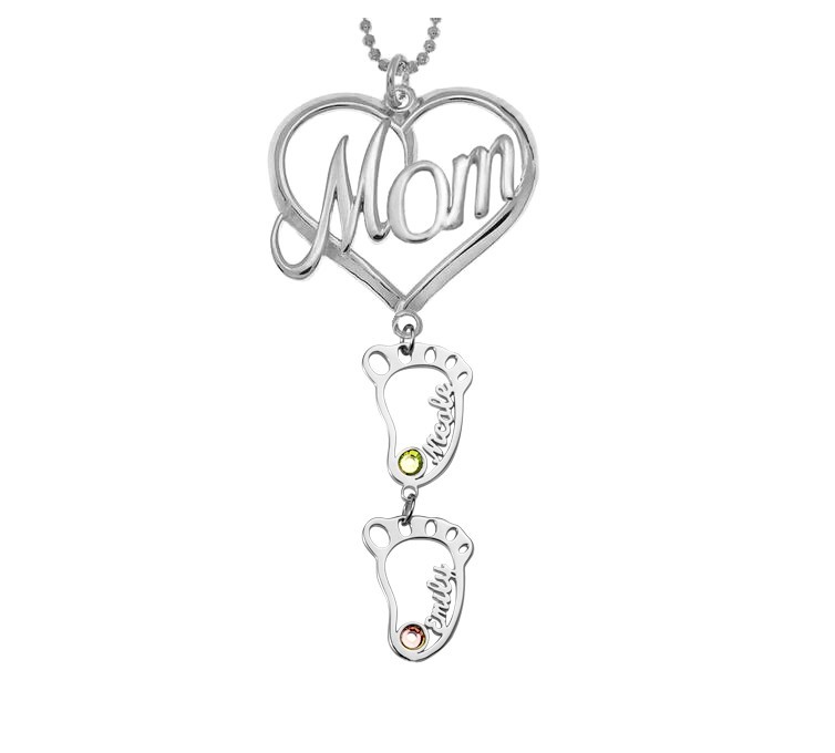 Collier de nom de pierres de naissance avec pendentif coeur maman personnalisé en argent avec 1-10 breloques BabyFeet creuses