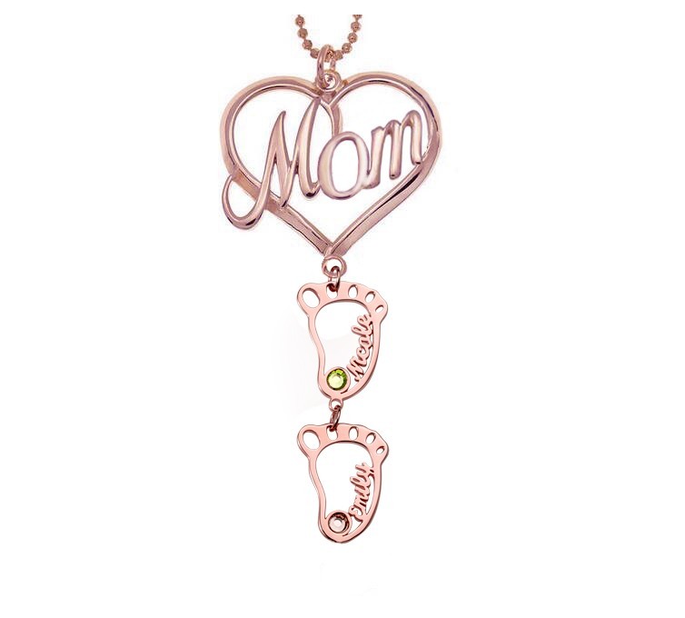 Collier personnalisé de nom de pierres de naissance de pendentif de coeur de maman avec 1-10 breloques creuses de BabyFeet