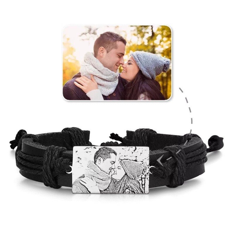 Bracelet en cuir noir avec étiquette gravée avec photo rectangulaire pour homme