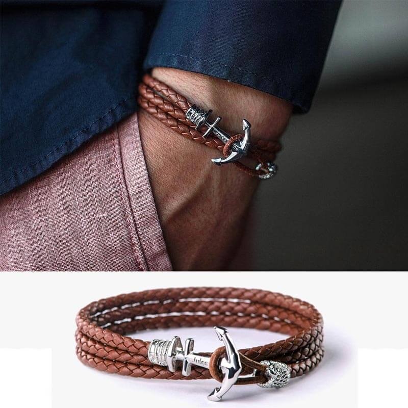 Bracelet en cuir d'ancre pour homme avec nom