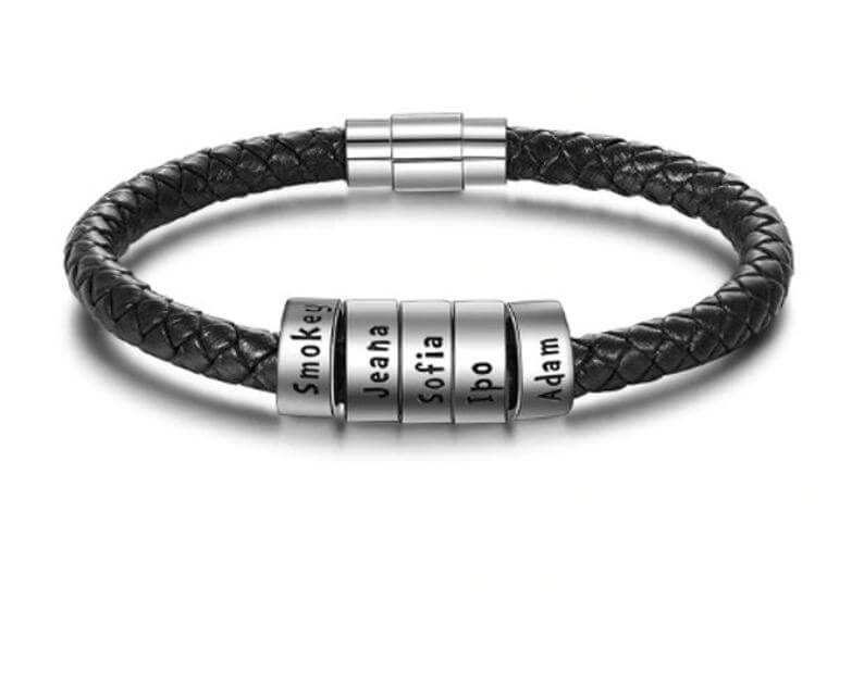 Bracelet en cuir noir personnalisé avec 1-10 perles