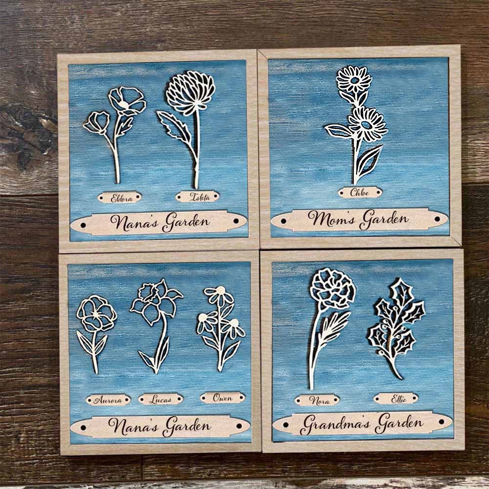 Cadre floral personnalisé du mois de naissance du jardin de grand-mère avec le nom des petits-enfants pour la fête des mères et Noël