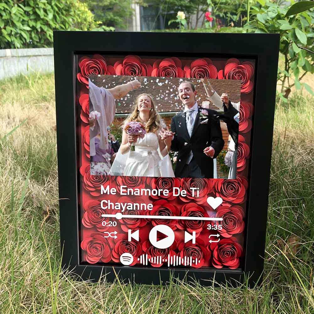 Boîte à ombres à fleurs Spotify personnalisée avec photo de couple pour anniversaire de mariage Saint-Valentin