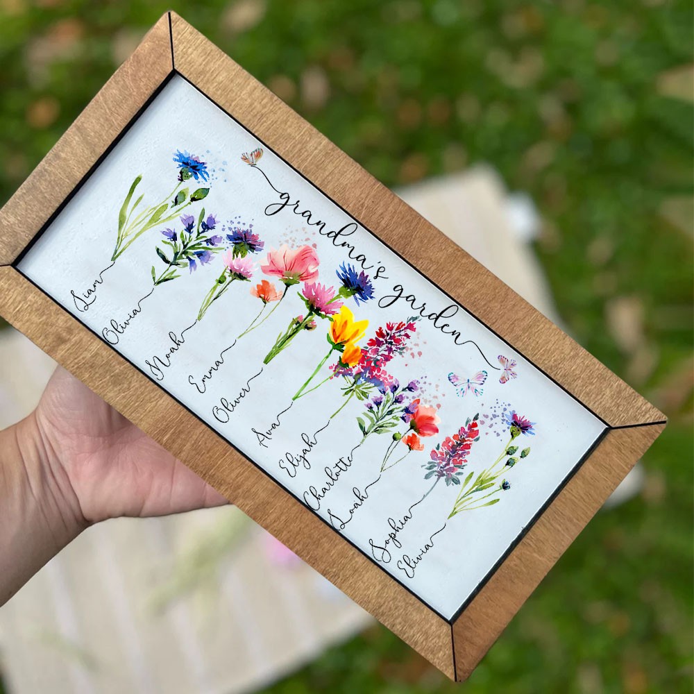 Cadre de jardin personnalisé de grand-mère avec noms de petits-enfants et fleur du mois de naissance pour la fête des mères