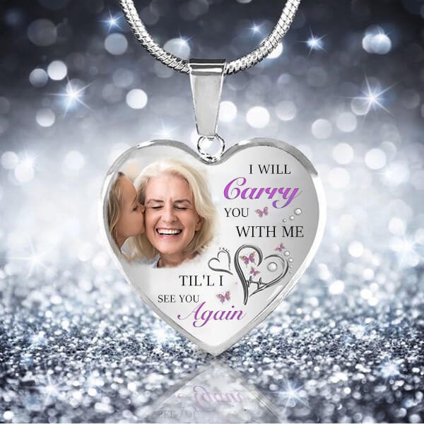 Personalized I Will Carry You With Me Til' I See You Again Memorial Heart Photo Necklace