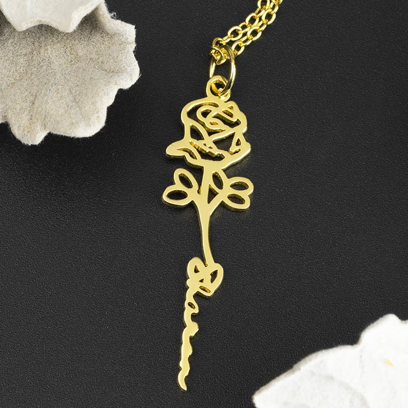 Collier Prénom Floral Personnalisé avec Fleur de Naissance Cadeau Pour Elle