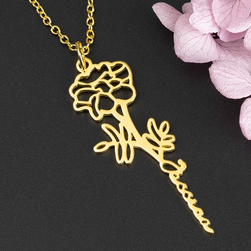 Collier Prénom Floral Personnalisé avec Fleur de Naissance Cadeau Pour Elle