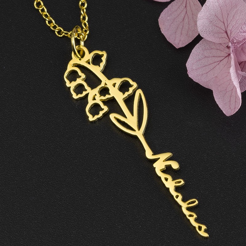 Collier Prénom Floral Personnalisé avec Fleur de Naissance Cadeau Pour Elle