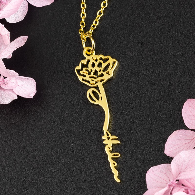 Collier Prénom Floral Personnalisé avec Fleur de Naissance Cadeau Pour Elle