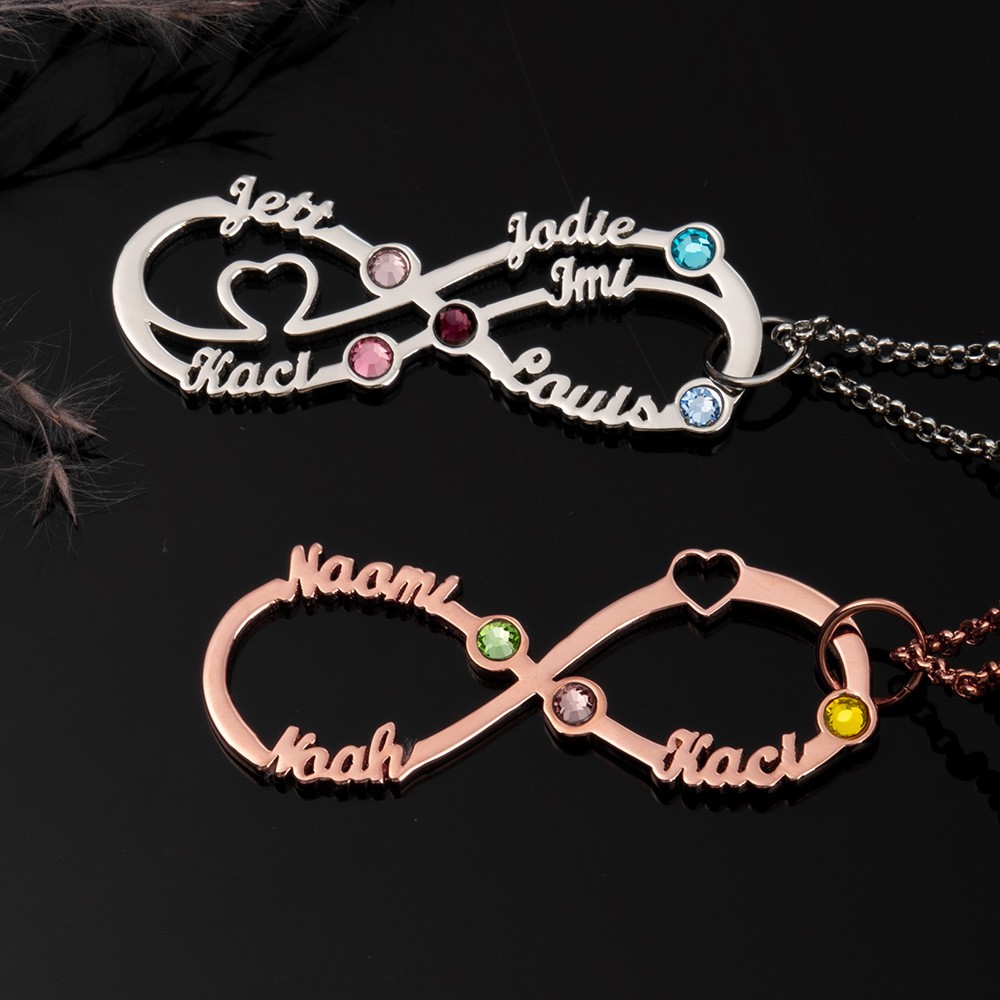 Collier infini personnalisé avec noms et pierres de naissance pour cadeau de fête des mères