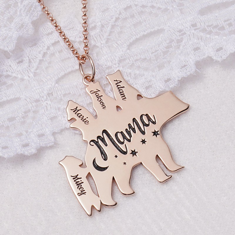 Personalized Mama Bear Necklace With 1-8 Kids Name For Mother's Day Gift