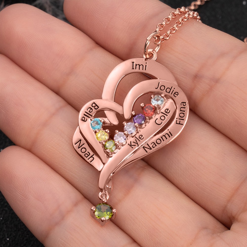 Collier Coeur Personnalisé Avec Prénoms Et Pierres De Naissance Des Enfants Pour La Fête Des Mères