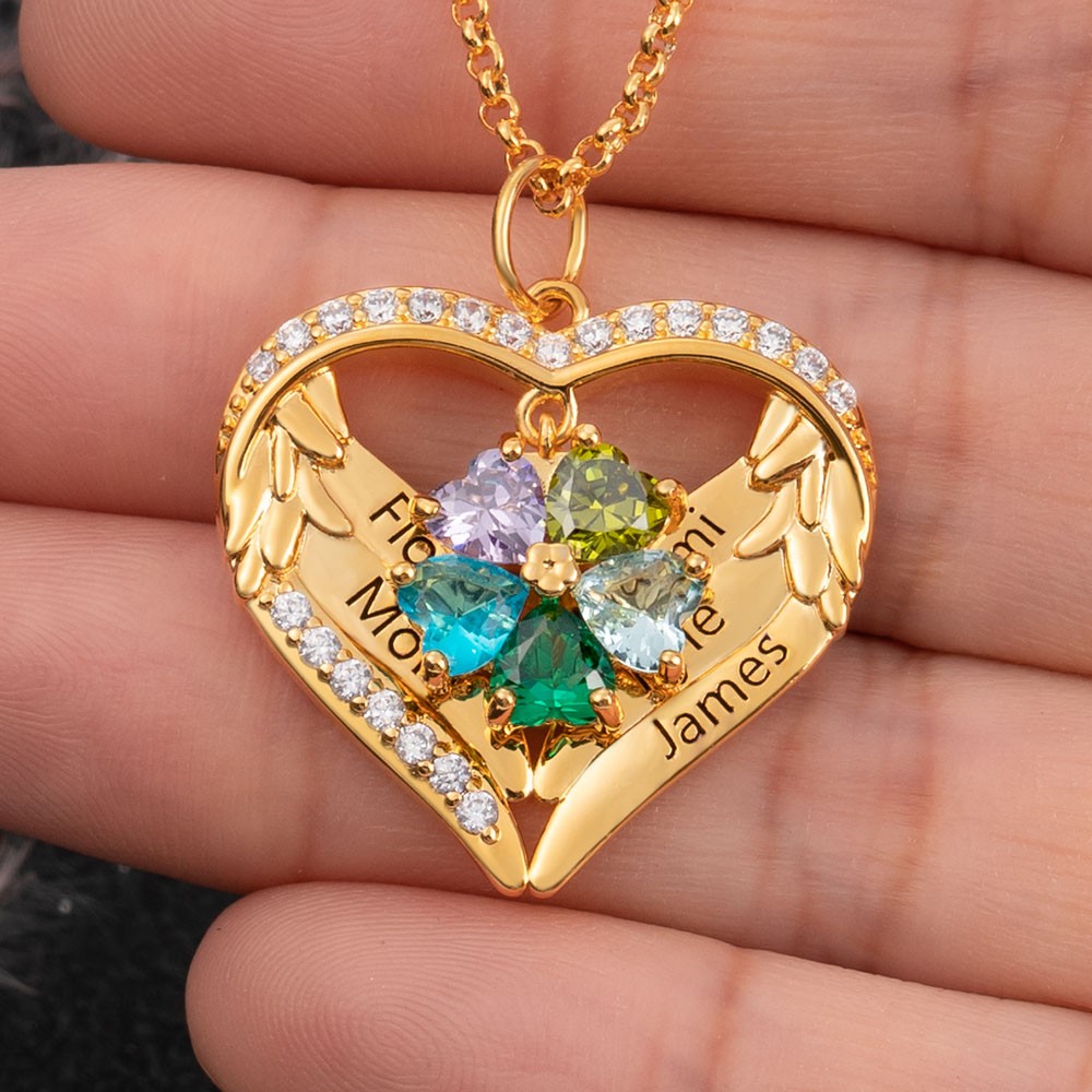 Collier coeur ailes d'ange personnalisé avec noms et pierres de naissance