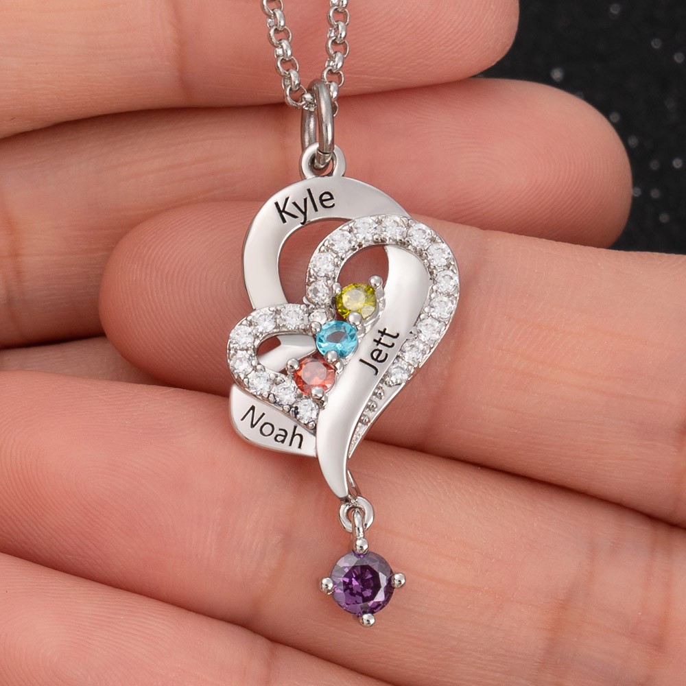 Collier Coeur Personnalisé Avec Prénoms Et Pierres De Naissance Des Enfants Pour La Fête Des Mères