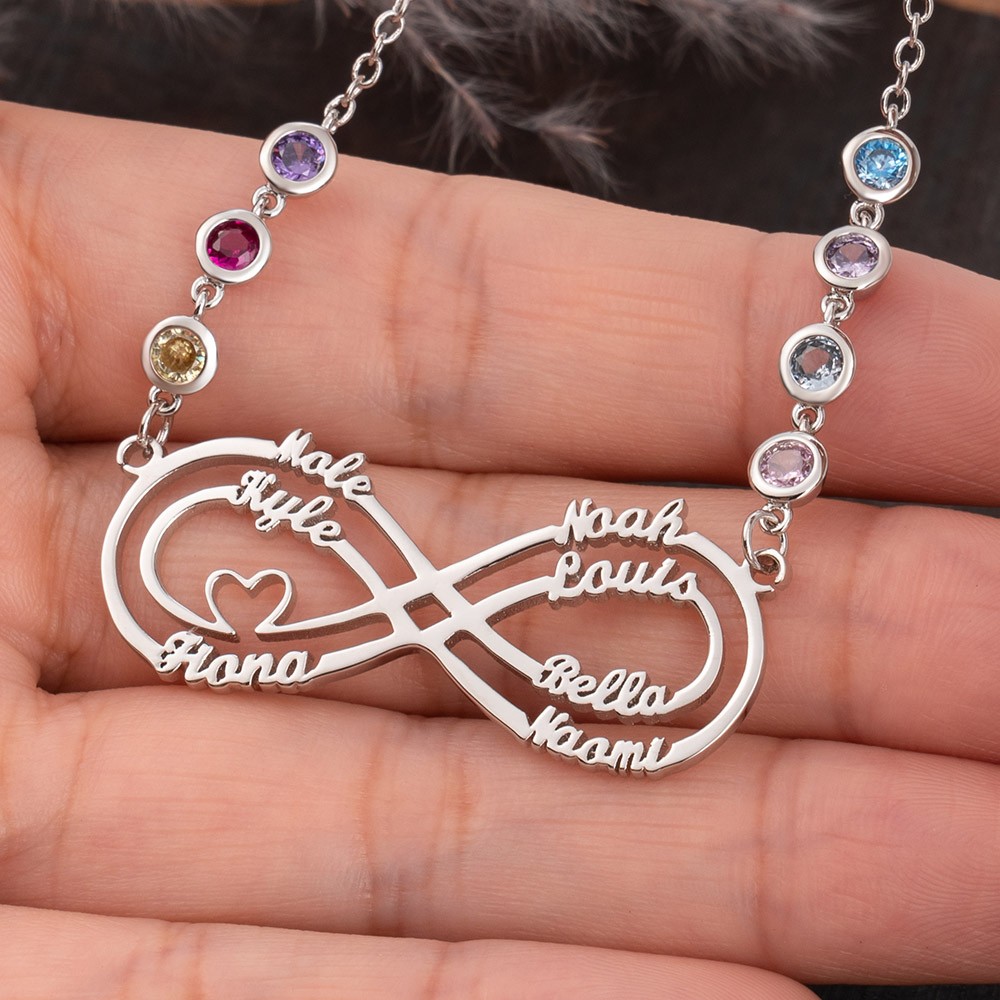 Collier infini personnalisé avec 1-8 noms et pierres de naissance pour cadeau de fête des mères