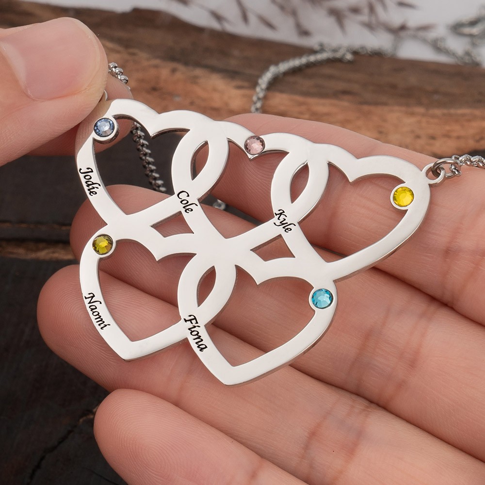 Collier Coeur Entrelacé Personnalisé Avec 1-5 Noms Et Pierres De Naissance Pour Maman Grand-Mère