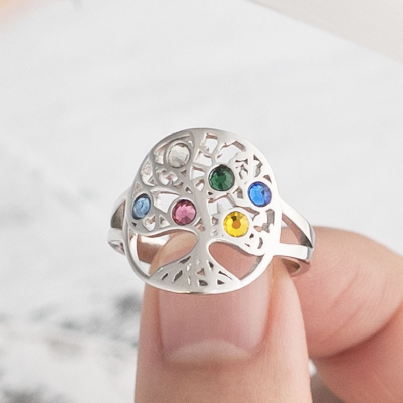 bague en arbre généalogique personnalisé en argent sterling avec 1 à 6 pierres de naissance