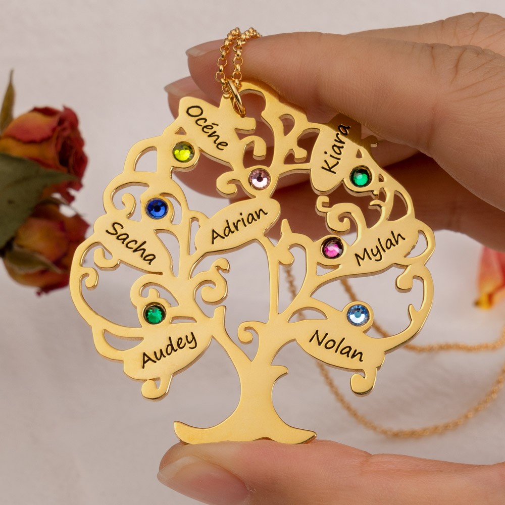 Collier Prénom Arbre Généalogique de Vie Personnalisé avec Pierre de Naissance Pour Maman